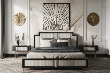 Art Deco luxury Contemporary bedroom with a geometric bed, 1920s art, intricate fan wall patterns, and a blank mockup frame