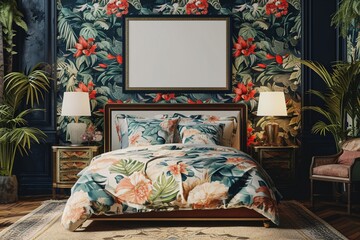 Art Nouveau Contemporary bedroom with a floral bed, period art, intricate botanical wall patterns, and a blank mockup frame