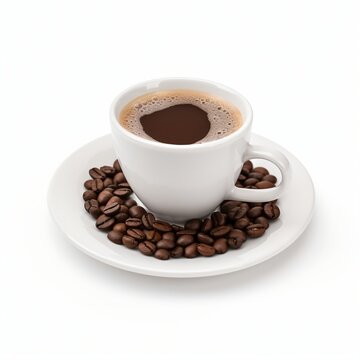 A cup of coffee on a saucer with coffee beans,