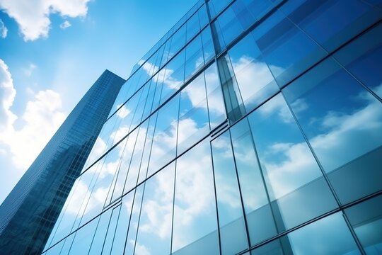 Blue glass skyscraper reflecting clouds