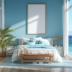 Beach house bedroom with an ocean view bed, seaside decor, and a blank mockup frame on a sea glass blue wall