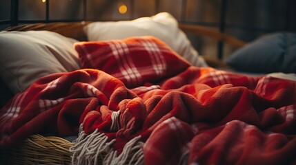 Red and white checkered blanket on a bed - obrazy, fototapety, plakaty