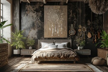 Bohemian dream Contemporary bedroom with a whimsical bed, fairy tale art, intricate dream catcher wall patterns, and a blank mockup frame - obrazy, fototapety, plakaty