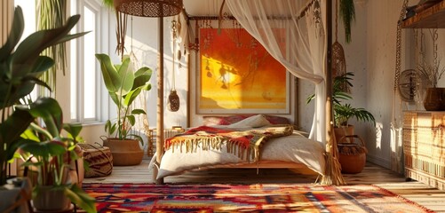 Obraz na płótnie Canvas Bohemian dreamer's bedroom with a canopy bed, artistic boho art, and a blank mockup frame on a sunset wall