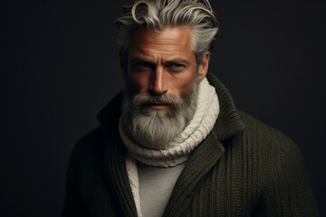 Portrait of a handsome mature man with gray hair and beard wearing a woolen sweater.