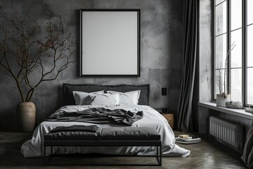 Chic urban apartment bedroom with a stylish city bed, modern urban art, and a blank mockup frame on a loft grey wall