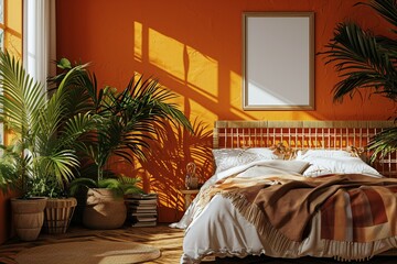 Caribbean retreat bedroom with a rattan bed, tropical prints, and a blank mockup frame on a sun-kissed orange wall