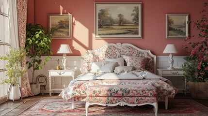 Classic English cottage bedroom with a floral upholstered bed, countryside art, and a blank mockup frame on a rose pink wall