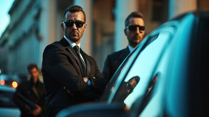 Professional team of male bodyguards at work. protect a VIP celebrity person in car limousine. Bodyguard and VIP person security protection. Agent in civilian black suit. - Powered by Adobe
