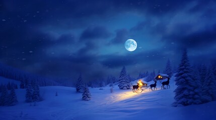Snowy night landscape with a cabin and a sleigh