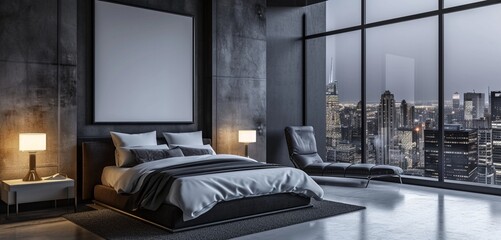 Contemporary urban penthouse bedroom with a skyline view bed, city night art, and a blank mockup frame on a metropolitan silver wall - obrazy, fototapety, plakaty