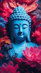 Blue Buddha statue with red and pink lotus flowers