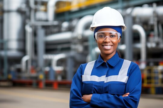 Portrait of a female engineer wearing a hard hat and safety glasses in an industrial setting