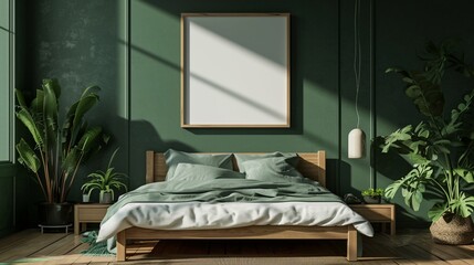 Eco-friendly green bedroom with a sustainable material bed, nature-inspired art, and a blank mockup frame on an eco green wall