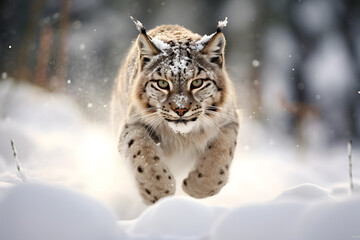 Fototapeta premium wild lynx stomping across the snow
