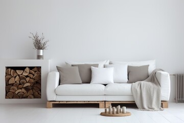 A cozy living room with a white sofa, a wooden coffee table, and a fireplace