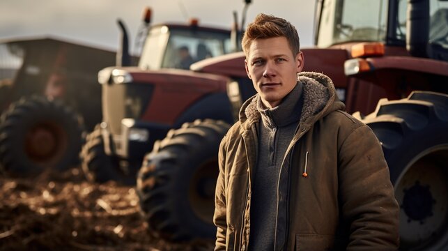 A young male farmer standing in a field of tractors