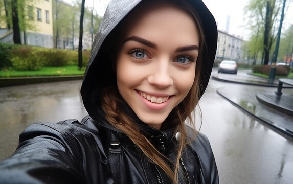 Selfie of a 20 year old fair-skinned European girl in the hood of a dark jacket in the rain. Cute female enjoying the rain outdoors. A pretty woman enjoying the rainy weather.