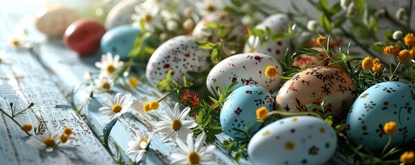Obraz premium Colorful Easter Eggs Among Leaves and Daisies on Rustic Wooden Surface