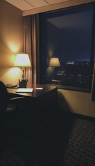 Fototapeta premium Night view of a hotel room with a desk and a lamp