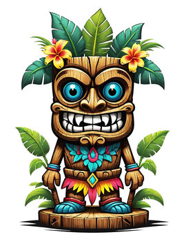 Tiki mask cartoon character with flowers and leaves on transparent background
