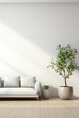 A modern living room with a white sofa and a potted plant