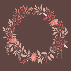 Fototapeta na wymiar Szablon zaproszenia ślubnego. Elegancka kartka z dekoracją botaniczną w odcieniach różu i beżu. Kwiatowy wzór z liśćmi i gałązkami. 