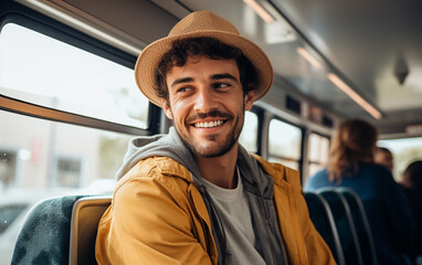 A fair-skinned young guy in a light jacket rides on a bus. Traveling and Tourism Concept.