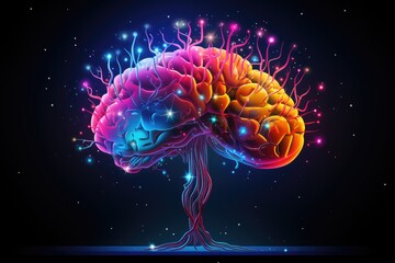 Colorful vivid motley human Brain anatomy cerebral structures cerebrum, frontal, parietal, temporal, occipital lobe. Grey and white matter, sulci and gyri cerebral cortex. Brain regions parts anatomy.