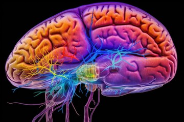 Colorful vivid motley human Brain anatomy cerebral structures cerebrum, frontal, parietal, temporal, occipital lobe. Grey and white matter, sulci and gyri cerebral cortex. Brain regions parts anatomy.