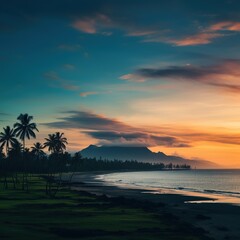 Fototapeta na wymiar Tropical Beach Sunset Landscape with Mountain and Palm Trees