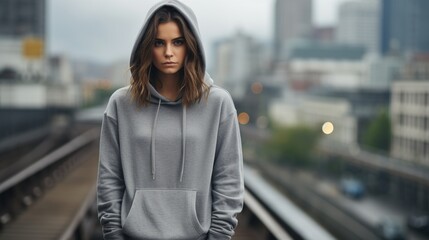 Fototapeta premium A young woman in a gray hoodie standing on a train track,