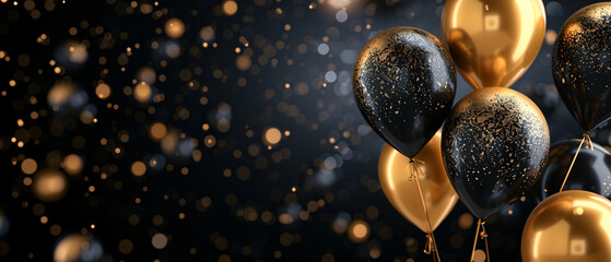 Naklejka premium Glamorous Black Party Decor Confetti and Gold Balloons.