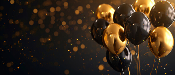 Glamorous Black Party Decor Confetti and Gold Balloons.