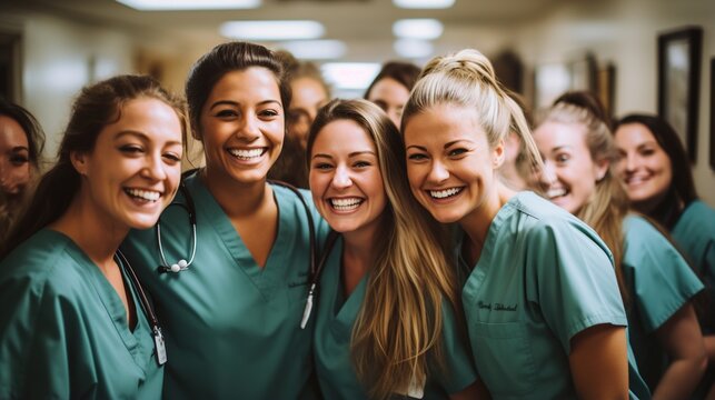 Happy multiethnic group of female nurses and doctors in scrubs posing together at a hospital