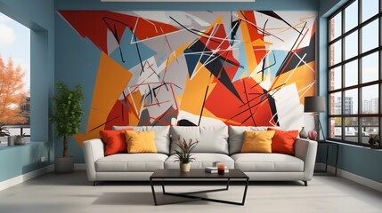 Modern living room interior with colorful abstract painting on the wall