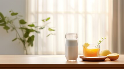 Refreshing citrus juice and milk on a wooden table