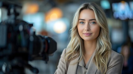 Naklejka premium Portrait of a blonde white female news reporter in action, background image, AI generated