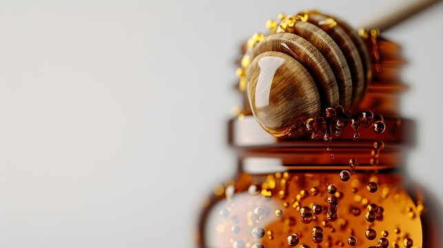 Close-up portrait of a honey bottle against white background, background image, AI generated