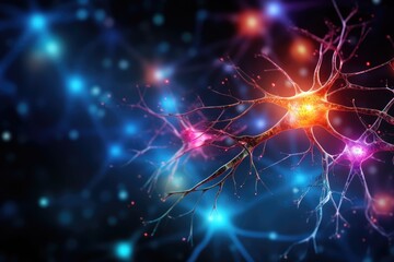 Naklejka na ściany i meble Anatomy brain nerve cells. Neuronal Mind Cell Network Neurons elongated Axons and branching Dendrites transmit signals Synapses Neurotransmitters. Action potentials Axon, Myelin sheath Ion channels.