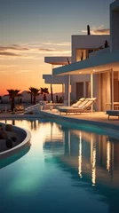 Foto op Plexiglas Modern luxury villa with stunning sunset and pool © duyina1990