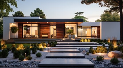Modern minimalist house with large windows and a beautiful landscape - obrazy, fototapety, plakaty