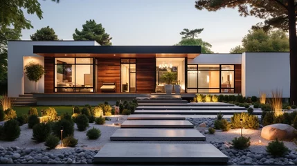 Foto op Plexiglas Modern minimalist house with large windows and a beautiful landscape © duyina1990