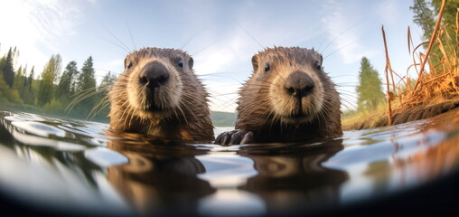 Mom and dad watching. Observing and aware, good beaver couple.  - obrazy, fototapety, plakaty