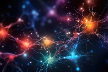 Fotobehang Human Brain Energy vibrant Brain Bulb light bulb. Neuronal network neurons creative, colorful, and glowing creativity, innovation, insightful axon idea generation, moments of epiphany and brilliance.  © Leo