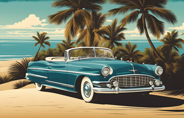 Vintage retro car at the tropical beach