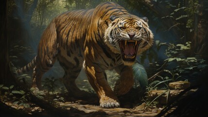 Fierce Tiger Baring Sharp Teeth in a Powerful Display of Strength and Dominance - AI-Generative