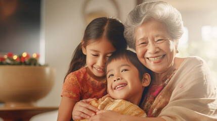 笑顔でおばあちゃんに抱きつく孫 grandmother hugging grandchildren