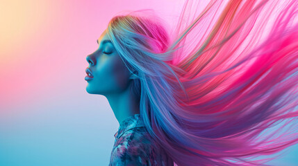 A woman with a natural face and pastel rainbow hair.