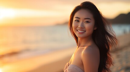 portrait of a smiling young asian woman at the beach